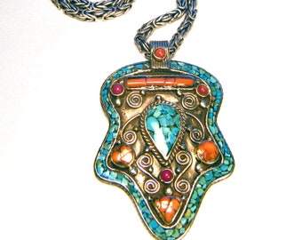 Vintage Sterling Silver Mosaic Turquoise and Coral Pendant and Chain