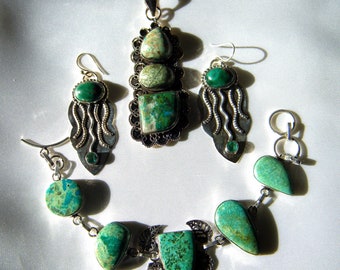 Sterling Silver Chrysocolla Three Cabochon Gemstone Necklace
