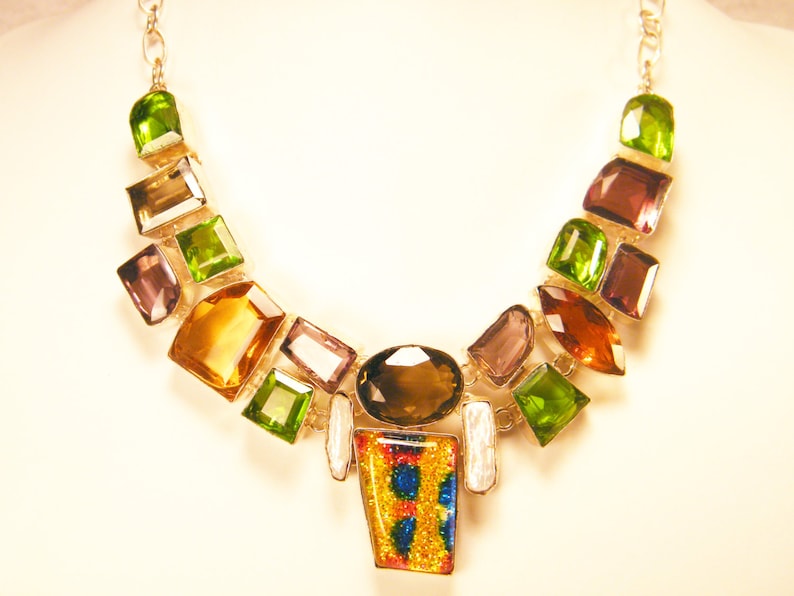 Silver Multi-gemstone Bib Necklace w Colorful Dichroic Glass Center Piece