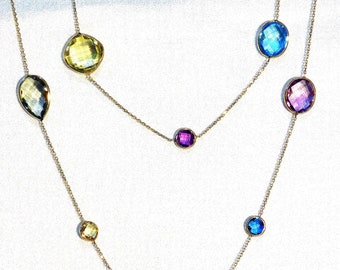 Elegant 14k Gold 36 Inch Facetted Multi Gemstone Necklace