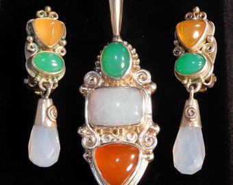 Sterling Silber Farben von Chalcedon Anhänger Ohrring Set