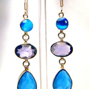 Large Faceted Exotic Sterling Silver Mystic Blue Topaz Amethyst Dangle Earrings