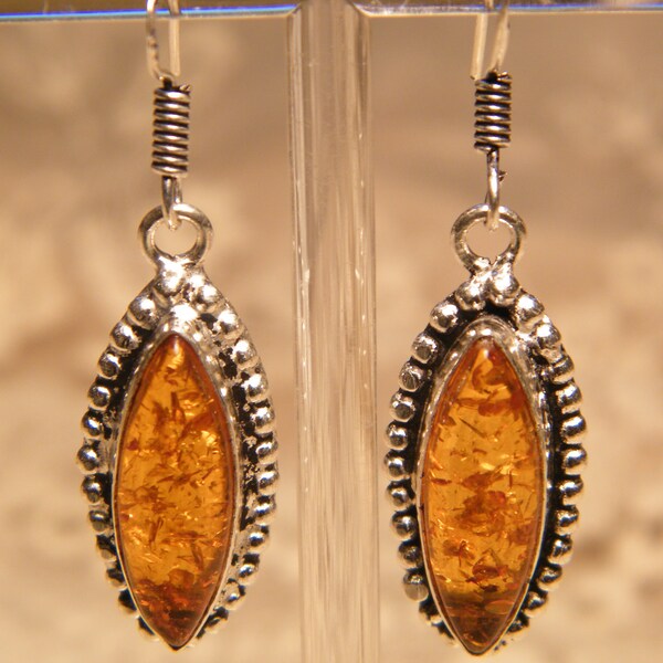 Sterling Silver Honey Baltic Amber Earrings with Beaded Bezel and Fish Hook Ear Wire