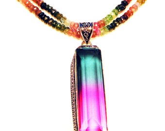 Huge Silver Watermelon Tourmaline Pendant Necklace with Faceted Rondell Beads