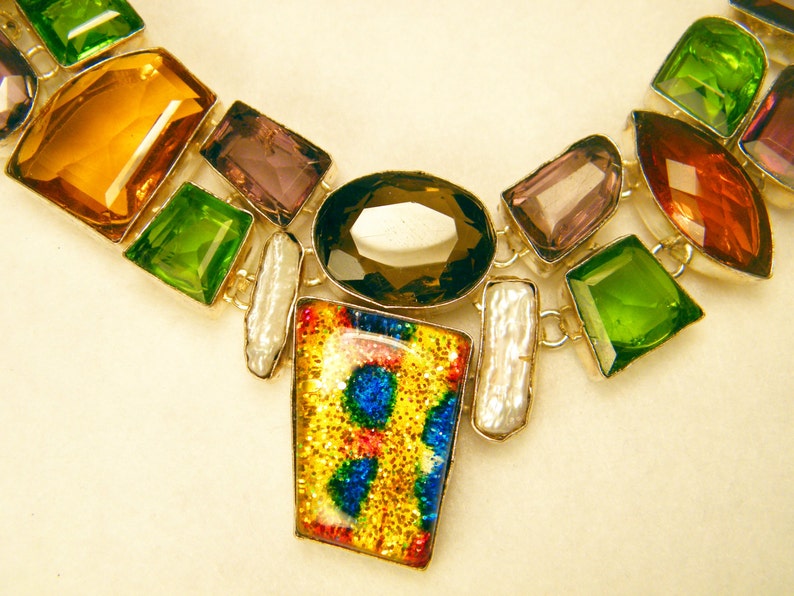 Silver Multi-gemstone Bib Necklace w Colorful Dichroic Glass Center Piece