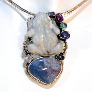 Amy Kahn Russell Sterling Silver Carved Opal Apatite Iolite Amethyst and Opalized Shell Pin Pendant