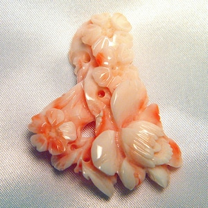 Large Vintage Natural Angel Skin Coral Hand Carved Floral Pendant