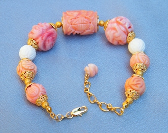 Exquisite Angel Skin Coral Carved Bead Gold Filled Bracelet