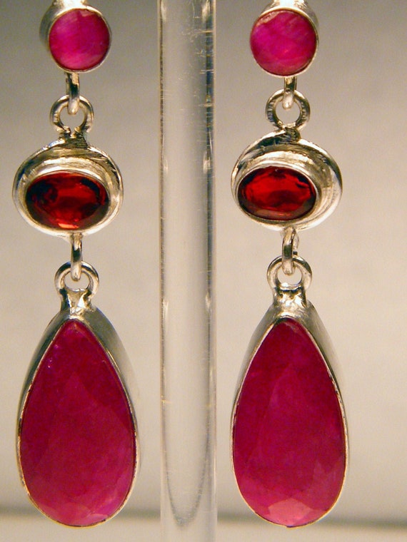 Three Stone Sterling Silver Ruby and Garnet Dangle