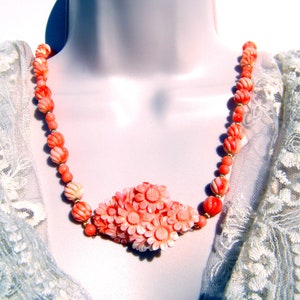Magnificent Angel Skin Coral Carved Bead and Floral Pendant Necklace
