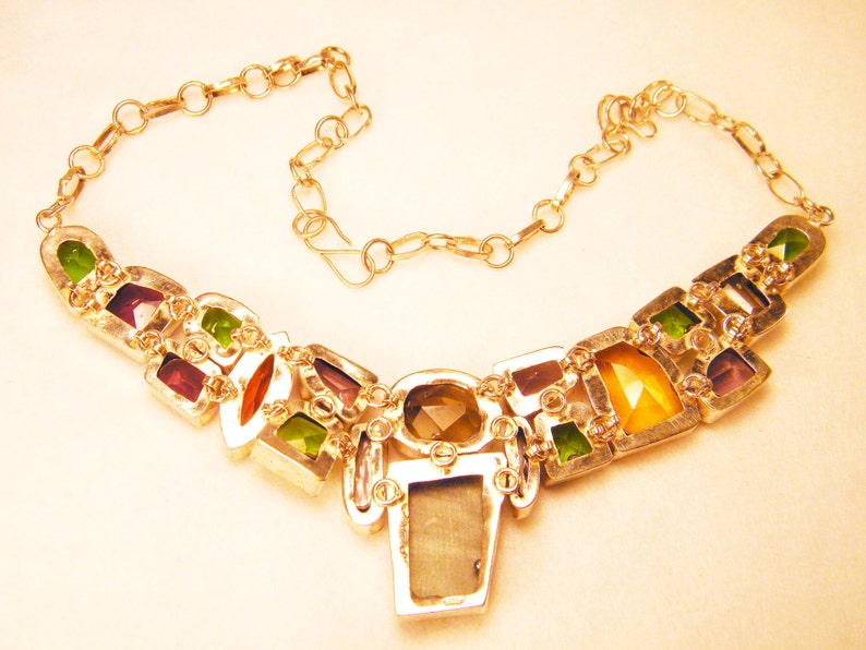 Silver Multi-gemstone Bib Necklace w Colorful Dichroic Glass Center Piece