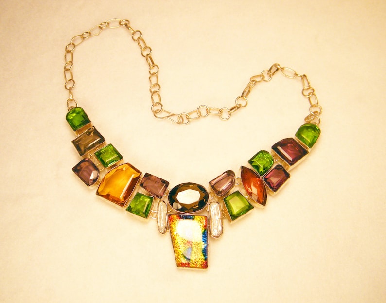 Silver Multi-gemstone Bib Necklace w Colorful Dichroic Glass Center Piece