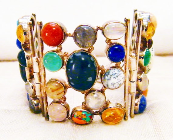 Sterling Silver Multi Gemstone Three Section Adju… - image 1