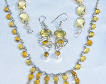Adjustable Sterling Silver Vintage Citrine Bib Necklace and Faceted Earring Bracelet Set