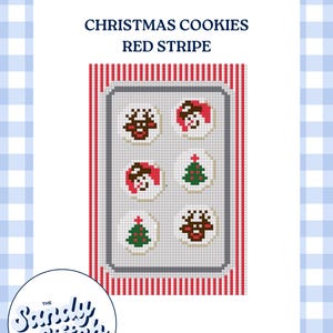 May include: A graphic featuring Christmas cookies with red stripe detailing. The cookies are decorated with festive designs, including a Christmas tree, a snowman, and a reindeer. The text "CHRISTMAS COOKIES RED STRIPE" is displayed at the top.