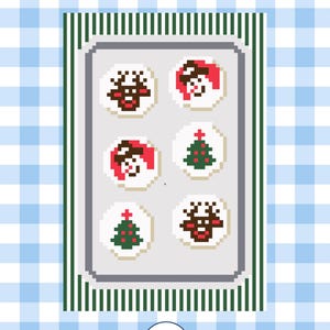 May include: A digital PDF pattern featuring a pixel art illustration of six circular cookies on a gray baking sheet. The cookies display festive designs including a brown reindeer, a red and white snowman, and a green Christmas tree.