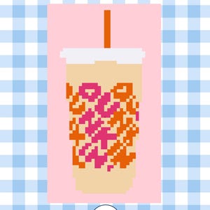 May include: A digital PDF pattern featuring a pixel art illustration of a beige iced coffee cup with a white lid and orange straw. The cup displays a repeating orange and pink pixelated pattern. The text DIGITAL PDF PATTERN is at the top.