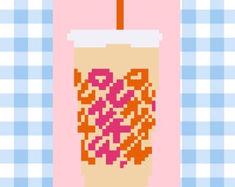 Korsstygns- och nålmönster för iskaffe i PDF-format – rosa och orange kopp