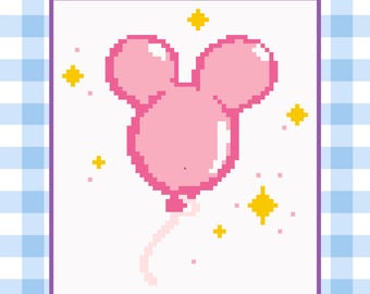 Korsstygns- och nålmönster med rosa musballong i PDF-format – Glitter & lila kant