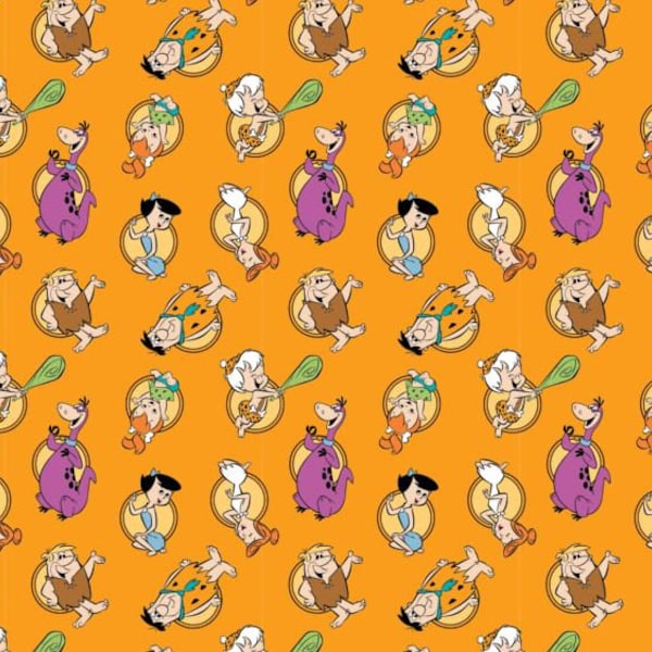 FAT QUARTER Hanna Barbera The Flintstones 2 Stone Age Family Tossed Light Orange 100% Cotton Fabric Material