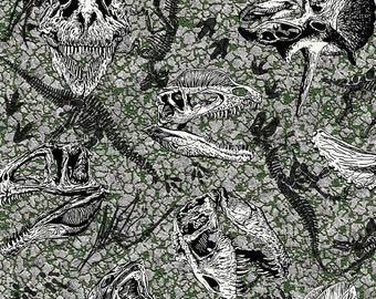 Dinosaur fabric, Jurassic dinosaur, dinosaur skeletons, skulls fabric, 100% cotton, quilting material, sewing and crafting, by FAT QUARTER