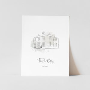 May include: A black and white line drawing of a house with a watercolour wash background. The text "The Old Rectory" and "Killinman" are below the drawing.