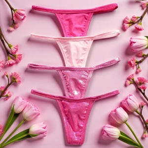 Pink Panties Pack Thong Set for Women - Shiny Stretchy Comfortable Holographic Metallic Lingerie Underwear Gift