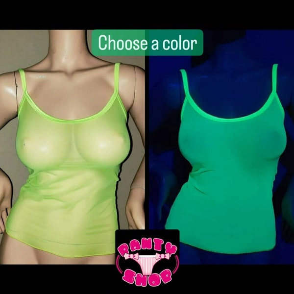 Fluorescent Top Neon Glow in UV Blacklight Reactive Sheer Tops Mesh Tank Top for Female See Through Camisole Lingerie