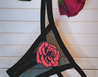 Red Rose Print Lingerie See Through Thong Black Sheer Panties Thongs for Women G string Sexy Gift for Her