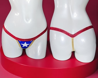 Braguita de bikini tipo tanga con estrella patriótica - Lencería hecha a mano con la bandera estadounidense en rojo, blanco, azul y dorado