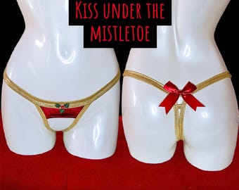 Kiss Under Mistletoe Crotchless Thong -  Naughty Christmas Eve Gold Red Velvet Panties with Bow