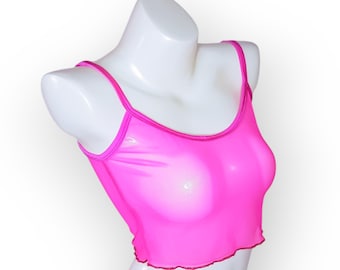 Top corto transparente tipo camisola: camisetas sin mangas de malla transparente para yoga, lencería y uso diario.