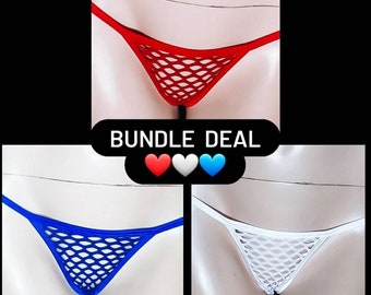 Red, white and blue Underwear Patriotic Lingerie See Through Fishnet Thong Set Gift Pack for Her American Flag Bikini