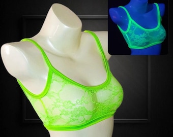 Neon Lace Bra Gift UV Blacklight Glow Crop Top Fluorescent Festival Party Dance Bralette Tops Lingerie