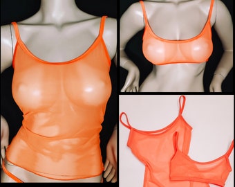 Neon Orange Lingerie See Through Tops for Women Orange Bra Sexy Tank Top Glow UV Clothing Sheer Camisole