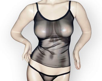Handgefertigtes, transparentes Mesh-Tanga-Dessous-Set – Geschenkidee für Sie