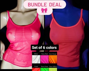 Sheer Tops for Women Gift Ideas Lingerie See Through Camisole Mesh Tops Bundle Deal Glow UV Neon Tank Top