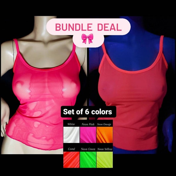 Sheer Tops for Women Gift Ideas Lingerie See Through Camisole Mesh Tops Bundle Deal Glow UV Neon Tank Top