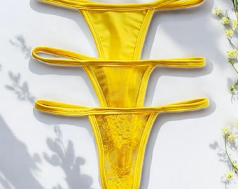 Yellow Thongs for Women Underwear Set Sheer Pantie Romantic Gifts Lace Lingerie Pack G strings
