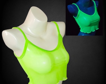 Top corto transparente fluorescente neón UV, tops de tirantes para fiesta luminosa