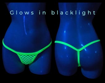 Neon G String UV Reactive Thong, Glow in Dark Fishnet Panties, Rave Festival Outfit, Micro Bikini Thong, Neon Lingerie