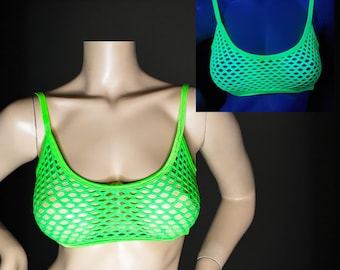 Leuchtendes UV Fischnetz BH Top, Neon Rave Festival Bauchfreies Oberteil für Blacklight Party & EDM Events
