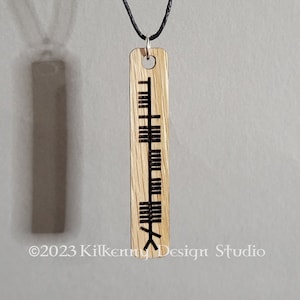 Misneach &quot;Courage&quot; Ogham Pendant Adjustable Necklace, Old Irish, Engraved Wood