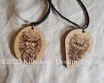 Greenman Pendant, Engraved wood, Adjustable Necklace