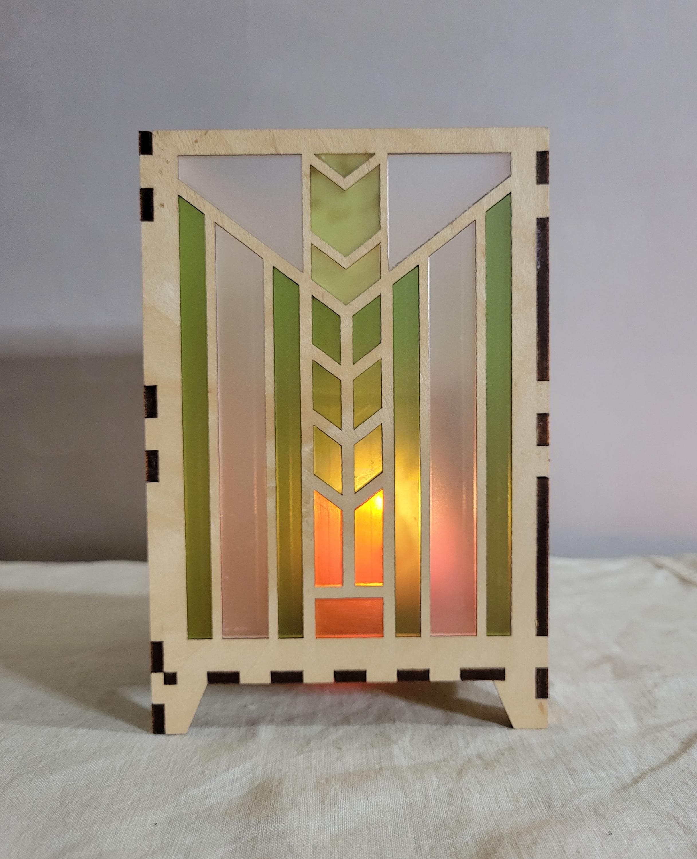 Prairie Style Lantern, Arts and Crafts era decor, lime olive orange stained glass* candle holder, wood lantern, centerpiece for table
