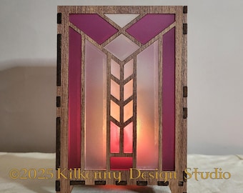 Prairie Style Lantern, Arts and Crafts era decor, plum cherry blossom stained glass* candle holder, wood lantern, centerpiece for table