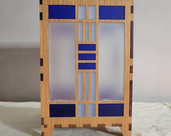 Prairie Style Lantern, Arts and Crafts era decor, cobalt wedgewood stained glass* candle holder, wood lantern, centerpiece for table