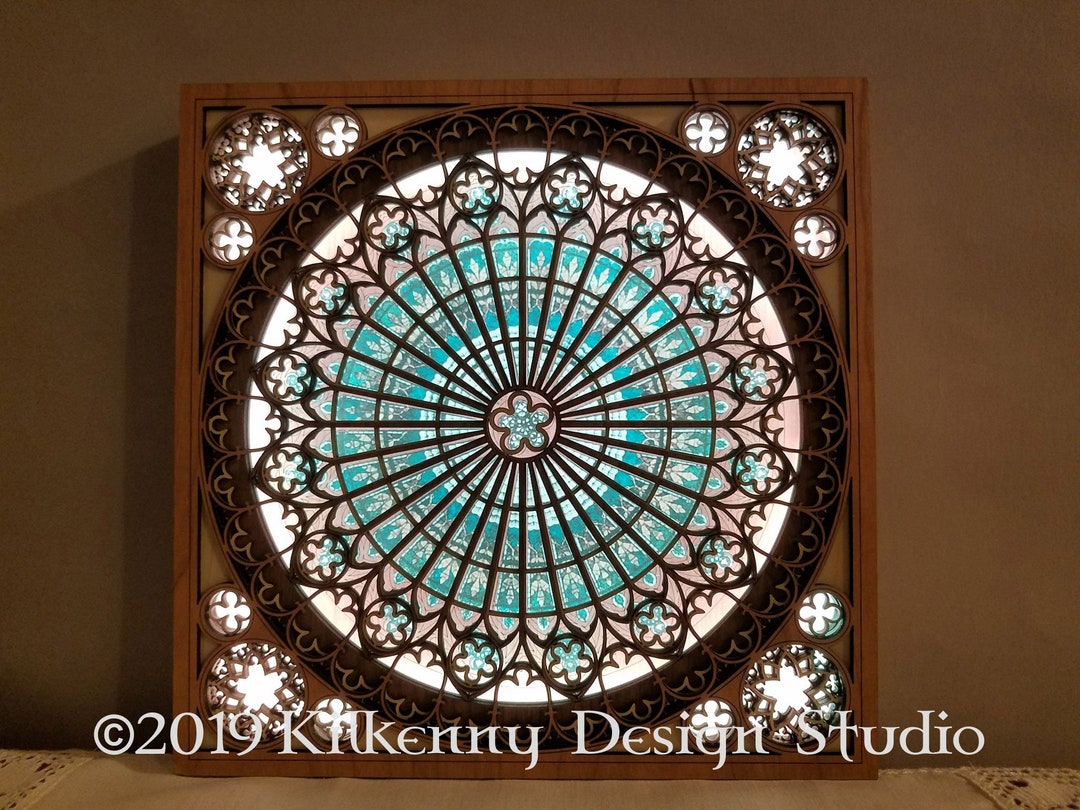 Rose Window Cathedral Stained Glass LED Light Box Frame, Ambient