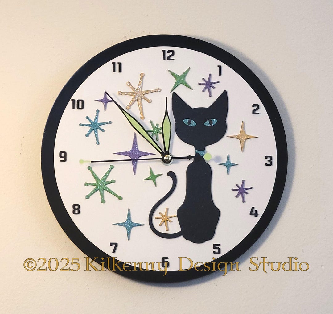 Human Cat Clock Atomic Cat Clock, MCM Decor, 1950's Style, Battery Operated Clock ...