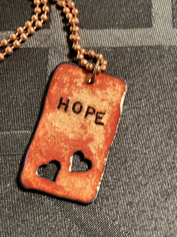 Artist-made "Hope" dog tag-shaped pendant;  ename… - image 1
